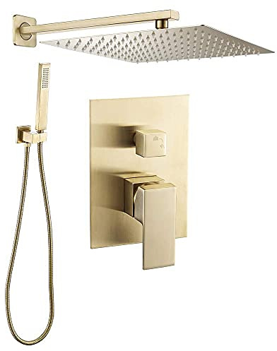 VALAZ Ducha Empotrada Dorado Cepillado Protección PVD | Ducha Monomando 2 Vías, Rociador Efecto Lluvia | Instalación en Pared Fácil y Rápida | Acero Aleado, Inoxidable, Rociador 25 cm, Serie Tajo