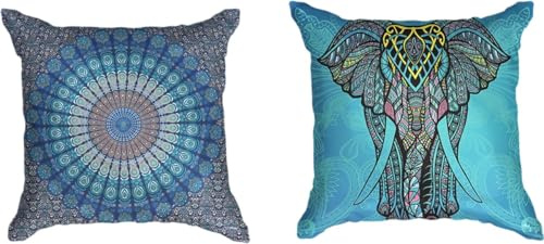 Ulticool - Kissenhülle - Mandala und Elefant Böhmen Hippie Ibiza - Set von 2 Motiven – 45 cm x 45 cm - Dekokissen ohne Füllung - Kissenbezug Zubehör für Sofa/Bett - Blau