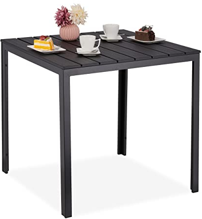 Relaxdays Gartentisch, HxBxT: 74x78x78 cm, Balkontisch Holzoptik, Kunststoff, Stahl, Terrassentisch quadratisch, schwarz