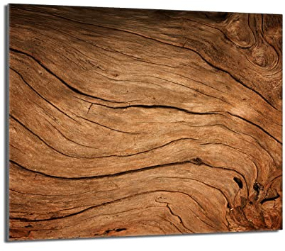 Herdabdeckplatte 60x52 cm Einteilig Glas für Elektroherd und Induktion, Herdschutz Spritzschutz Glasplatte Deko Schneidebrett, Holz Braun Design, 4mm Gehärtetes Glas