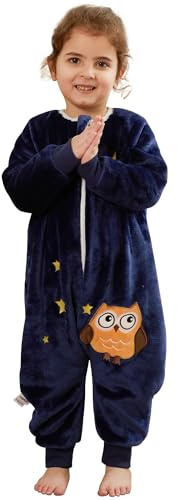 COOKY.D Pigiama Unisex Bambini e Bambine in Flanella con Maniche Lunghe Sacco Nanna con Piedi per Neonati con Cerniera Tripla Coperta Indossabile da Cartone Animato.Gufo Blu 3-4 Anni