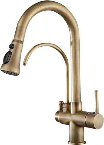 JQFDD Rubinetto Cucina 3 Vie Antico Miscelatore 3 Vie Cucina con Doccetta Estraibile Ottone Girevole Rubinetto per Osmosi A Tre Vie A