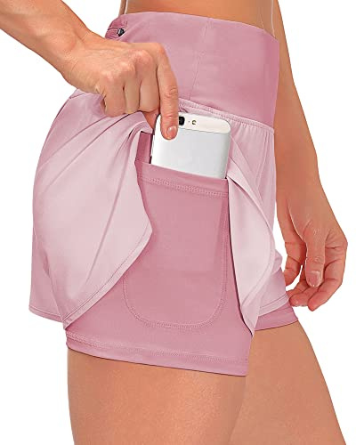 Dam 2-i-1-shorts sommar löparshorts gym träning atletisk gym yoga shorts foder joggingbyxor sport snabbtorkande träning joggingshorts, En rosa, XL