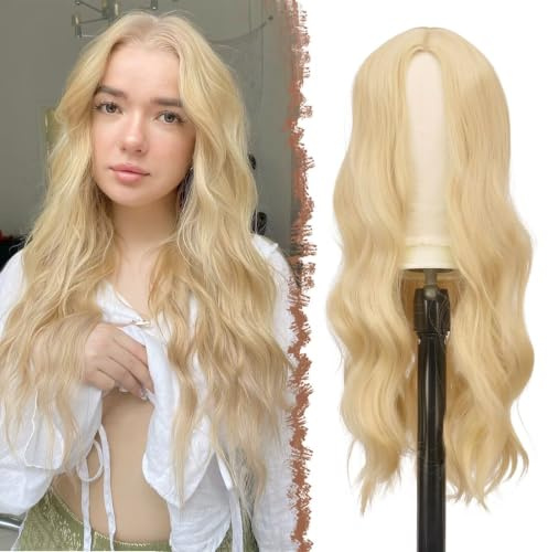 FESHFEN Lange Lockige Blond Perücke, 60 cm Mittelscheitel Frauen Perücken Natürlich synthetische Perücken Damen Locken Wavy Wig für Party Täglich Long Wavy Wig