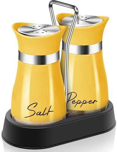 Juego de salero y pimentero amarillo con soporte, 113.4 g, bonita decoración de cocina y accesorios, accesorios de granja, mesa, regalo de inauguración de la casa, decoración de Acción de Gracias,