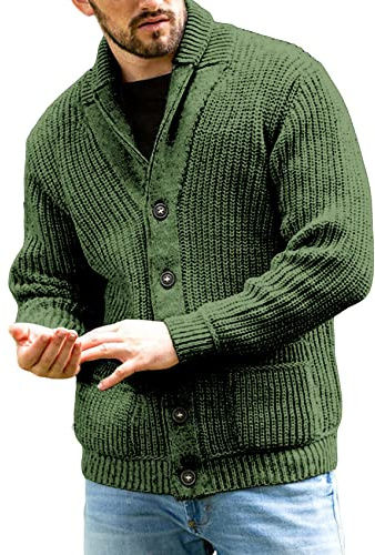 Runcati Strickjacke Herren Grobstrick Cardigan Lässig Schalkragen Langarm Knopfleiste Strickpullover Tops, Grün, L