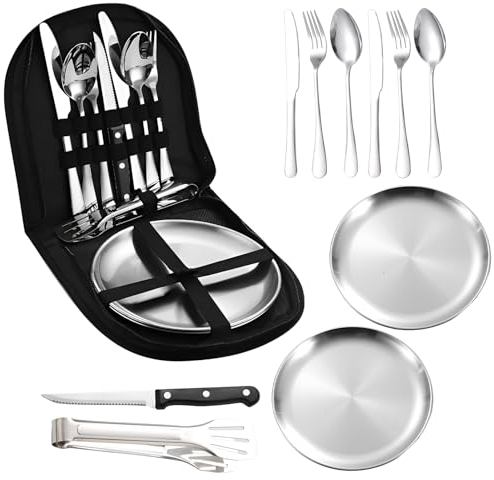 Camping Besteck Set, Picknick Geschirr für 2 Personen, 10pcs Portable Edelstahl Outdoor Geschirr Set, Picknicktasche mit Löffel, Portable Besteckset für Camping Picknick