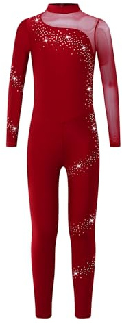 Freebily Konstnärlig Träningsoverall Flicka Balett Bodysuit Klassisk Dans Bodysuit Långärmad med Strass Ballet Leotard Bodysuit Konståkning Jumpsuit Jumpsuit, Vinröd, 9-10 år