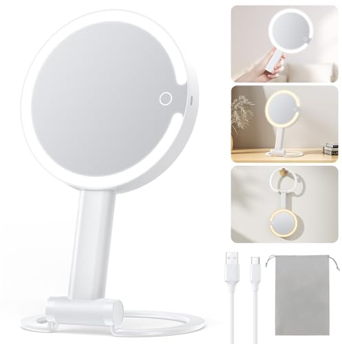 Gospire Vergrößerungsspiegel mit Licht, 10-Fache/1-Fach Doppelseitige Schminkspiegel, 3 Farben Dimmbare Kosmetikspiegel mit Beleuchtung, 3 in 1 Reise Makeup Spiegel, Weiß