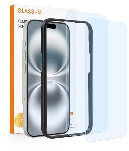 GLASS-M [2 Pack] Blue Light Blocker Screen Protector for iPhone 16, 9H Scratch-Resistant Tempered Glass, Eye Protection, Full Coverage with Easy Installation Frame