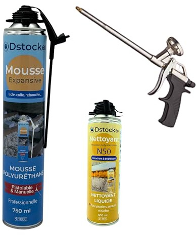 DSTOCK60 - Pack de 6 mousses expansives manuelles et pistolables 750 ML + 1 Nettoyant Mousse + 1 Pistolet - Mousse polyuréthane Professionnelle - Isole, Colle et rebouche - Extérieur et intérieur