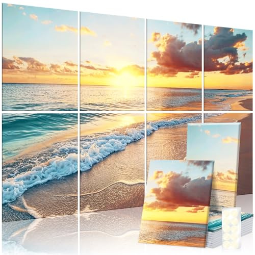 AUSLET 8 Pack Decorative Sound Absorbing Panels, Sound Absorbing Wall Art, 48X32 Inches Acoustic Wall Art for Decoration, Art Acoustic Panels, Acoustic Treatment, Adhesive Included, Sunrise Beach