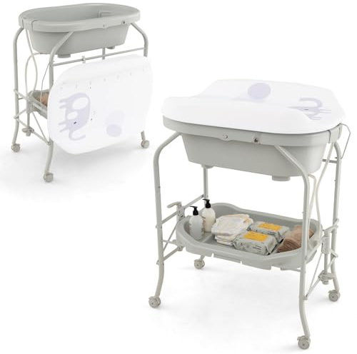 COSTWAY Fasciatoio Neonato con Vaschetta Bagnetto, Pieghevole(Grigio Chiaro | Fasciatoio con Materassino, Cestino Portaoggetti, Ruote con Freno, Portata 35kg+15kg