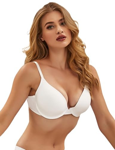 comeondear Women's Push Up Smooth Bra Plus Size Everyday Comfort Bras Sexy Deep V Plunge Bralette Underwired Soft T-Shirt Brassiere 34D White