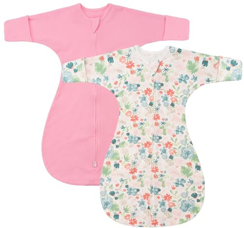 SIMYJOY 2er Pack Pucksack Baby Swaddle Schlafsack aus Baumwolle mit Arme-hoch-Design & Doppelreißverschluss, halblange Ärmel & Fäustlingbündchen,Rosa&Rosa Blumen