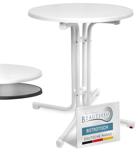 Beautissu Mesa Bistró Exterior Ø 70 cm – Mesa Alta Plegable de Jardín Terraza Balcón – Mesa de Camping y Eventos Altura 70 cm – Blanco – Bistroni