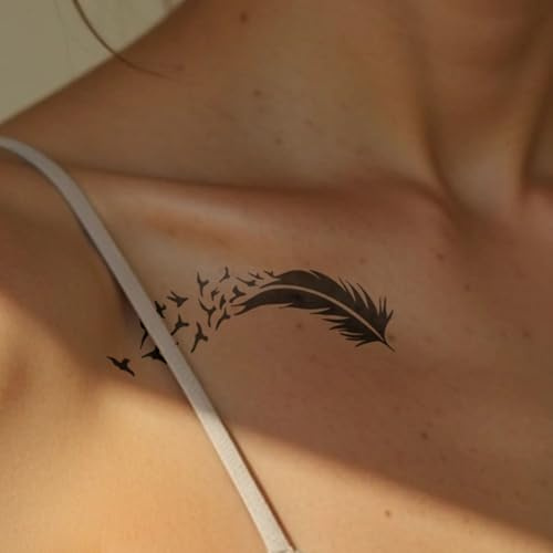 Inkster Tattoo - Feder mit Vögeln - vegane & wasserfeste Temporäre Tattoos für Erwachsene - EU-Kosmetikzertifizierte Farbe - revolutionäres 2 Wochen Tattoo | Premium Klebetattoos