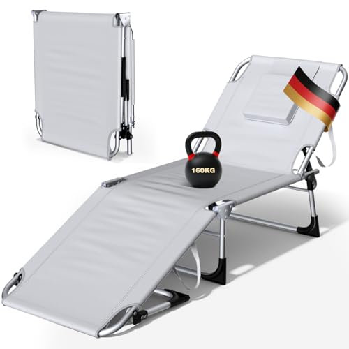 Chaise Longue Pliante，Bain de Soleil Jardin Exterieur，Transat de Plage Pliable avec Pochette，Appuie Tête、Trou du Visage,Dossier Réglable，Fauteuil Relax，Chaise de Camping，Piscine,Terrasse, Gris Foncé
