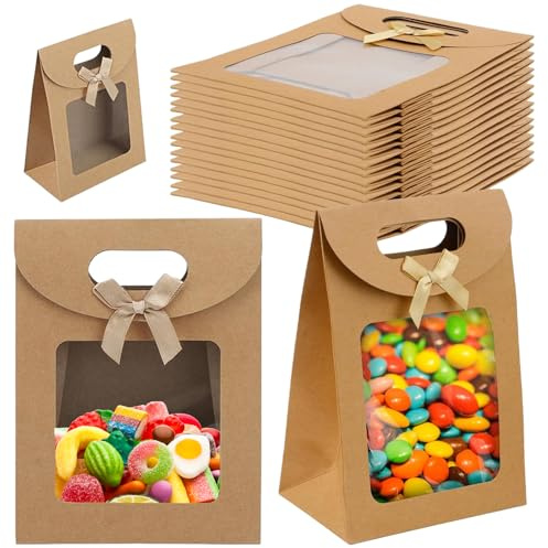 24 Stück Geschenktüte mit Fenster 16 x 12 x 6 CM Geschenkbox mit Sichtfenster, Geschenktüten mit Griffen, Papiertüten mit Fenster zum Verpacken von Bankett Geschenken Süßigkeiten Keksen Pralinen