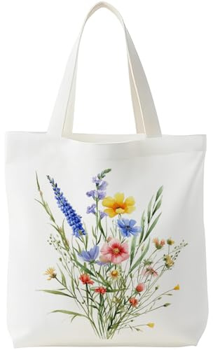PIujsym Stofftasche Damen Blumenmuster Jutebeutel Bedruckt 40x35cm Tragetasche Baumwolle Canvas Einkaufstasche Wiederverwendbar Faltbar Schultertasche Shopper Tasche Geschenk für Freundin Mama Lehrer
