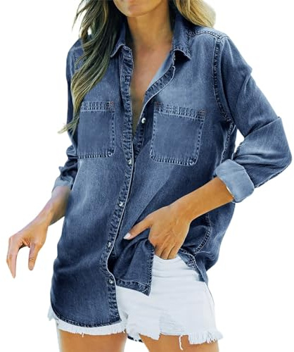 Celanisai Blusa de mezclilla para mujer con botones, manga larga elegante, camisa de mezclilla con cuello abotonado, camisa de mezclilla moderna, holgada, camisa de mezclilla ajustada, camisa de
