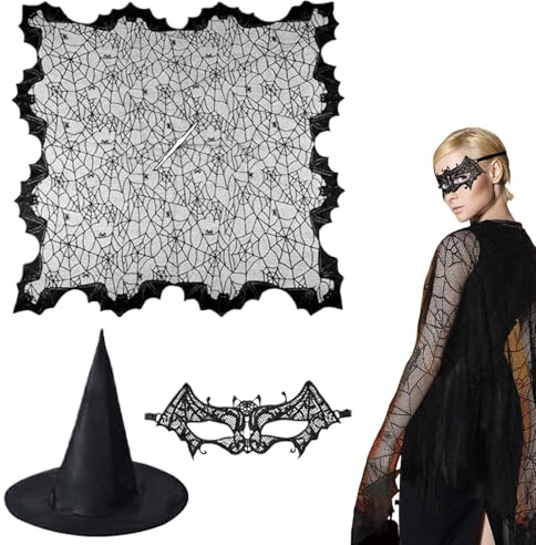 qokeeu Hexen Spinnennetz Umhang - 3 Teile Halloween Hexenkostüm | Damen Kostüm Accessoires für Herbst Party Brautfoto Goth Vampir Bühnenauftritt Fest Feiertag