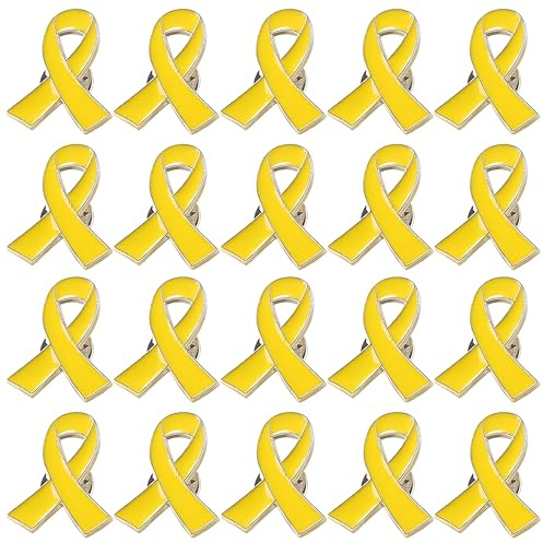 20 Pcs Yellow Ribbon Pin Badges - Mental Health Gifts, Breast Cancer Support & Awareness Lapel Pins, Durable Zinc Alloy Yellow Badges for Charity Events, Daily Wear (Mental Health)