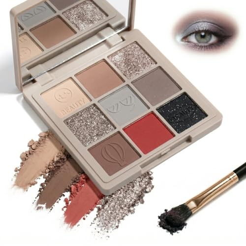 9-Colour Neutral Eyeshadow Palette, Matte, Shimmer And Glitter, Mirrored | Hinged Case With Interior Mirror, 9 Pans In Beige, Taupe, Brown, Grey, Red, Black And Silver Tones, For Day Or Evening Looks