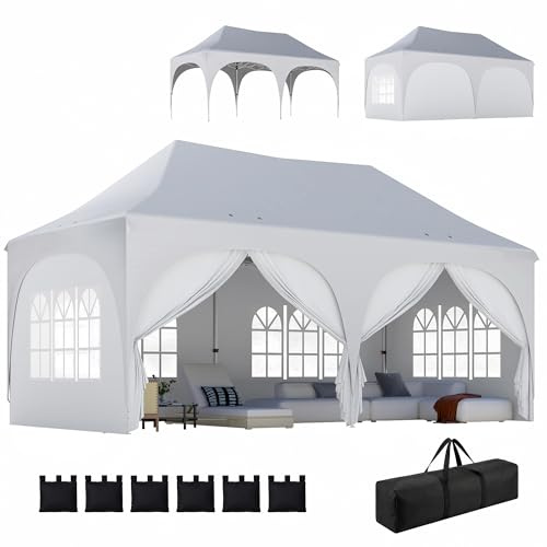 Outsunny Tonnelle Pliante 3x6m imperméable Anti-UV, Barnum avec 6 parois & 6 Sacs de Sable - Tente de réception 12 Trous de Drainage - pavillon Pop-up, 4 fenêtres église pour Mariage, marché - Blanc