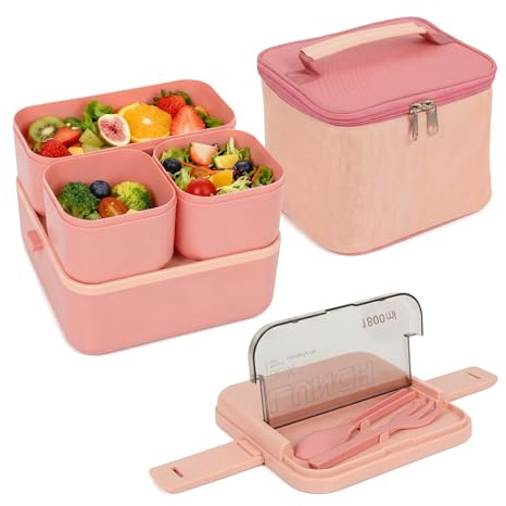 Lunch Box, 1800ML Bento Lunch Box with Insulated Bag & Cutlery(Pink) | 2 Layer Leak Proof Bentos Box, Lunch Boxes with 3 Compartments for Adults Students Office Microwave Dishwasher Safe Available