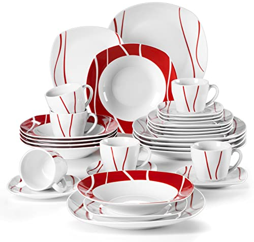 MALACASA Vajillas Completas Modernas Porcelana, 30 Piezas para 6 Personas con 6 Platos llanos, 6 Platos de Postre, 6 Platos hondos, 6 Taza de Café y 6 Platillo, Blanco y Rojo, Serie FELISA