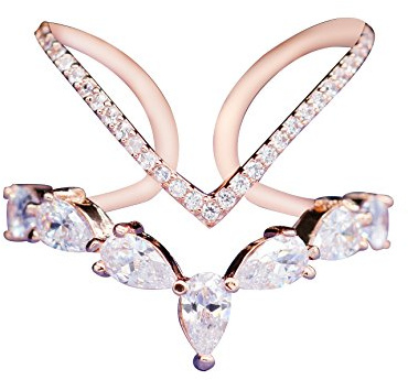 Uloveido Double Pointed V Shape Adjustable Rose Gold Color Wedding Rings Silver-tone Crystal Jewellery for Girls JZ157