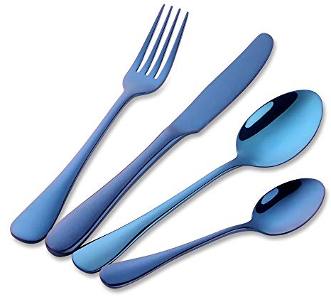 Buyer Star 4pcs Blue Stainless Steel Cutlery Set, 304 18/10 Flatware Dinnerware Utensil Kit, Table Knife Fork Dessert Spoon Teaspoon