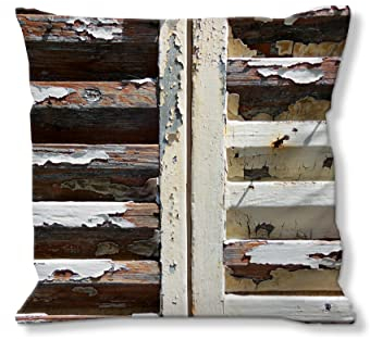 Glücksvilla - Künstler-Foto-Kissen-Hülle - Kissen-Bezug 40 x 40 cm, Zierkissen - Deko-Kissen. Motiv: Französischer Fensterladen - Holz Struktur Wand Tür Muster Fotografie