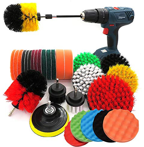 F FINEC 37 PCS Bohrmaschine Bürstenaufsatz Bohrbürsten Befestigung Scrubber Reinigung Kit Mit ausziehbarem langem Aufsatz, Reinigungskissen-Reinigungsset für Waschbecken Boden Fliesendichtmittel