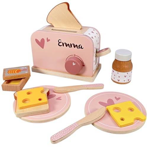 Kinderküche Toaster inkl. Zubehör rosa - personalisierbar I Handmade Holzspielzeug ab 3 Jahren I Label-Label Küchenzubehör I Geburtstagsgeschenk für Kinder I Spielzeug mit Name