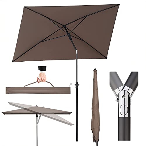 Sekey 210 × 140 cm Sonnenschirm mit Schutzhülle, Balkonschirm Gartenschirm Terrassenschirm, Sonnenschutz UPF50+, Kippbar, Höhenverstellbar, Rechteckig- Braun