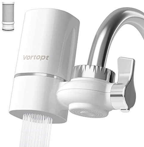 Vortopt Filtre eau Robinet, NSF Certifiée Filtre à Eau du Robinet, Système de Filtration ACF, Purificateur de l'eau de Longue Durée pour Cuisne, Réduit Chlore, Goût et Odeur, T1 (1 Filtre Inclus)