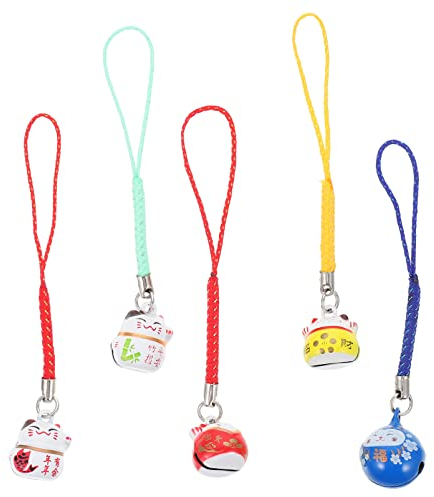 TOYANDONA Japanischer Maneki Neko Glückskatze Handyanhänger Kupfer Winkekatze Schellen Glöckchen Handyschmuck für DIY Schlüsselanhänger Auto Tasche Geldbörse Rucksack Glücksanhänger Deko 5 Stück