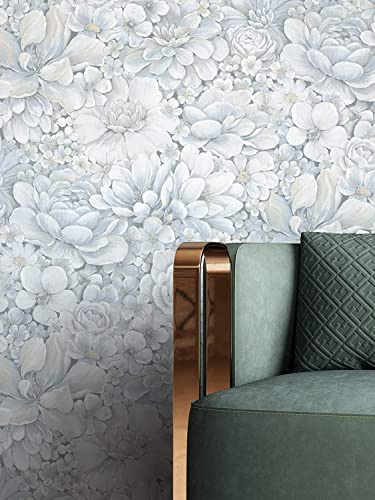 Newroom Vliestapete Blau Blumen Blumentapete Wohnzimmer | 3D-Optik mit plastischen Pfingstrosen und Dahlien, zartes Blaugrau, Mustertapete, Wandtapete, Landhaus, Pastell, Schlafzimmer