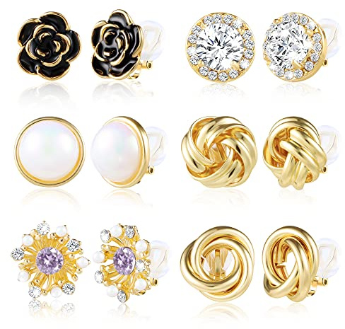 ASH'S CHOICE Hypoallergenic 14K Goldplated Clip on Earrings - 6 Pairs Non Pierced for Women Girls, Rose Flowers Pearl Twist Knot Rhinestone Long Drop Dangle Boho Set