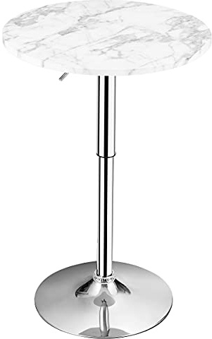 COSTWAY 60cm Round Marble Bar Table, Height Adjustable & 360° Swivel Counter Pub Tables with Sliver Base and Non-slip Rubber Ring, Bistro Cocktail Table for Home Office Dining Room Kitchen (1, White)