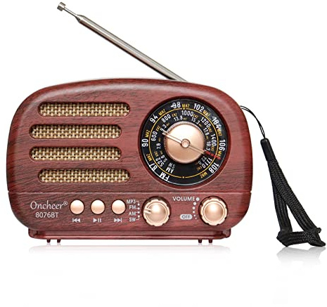 Oncheer Portable Vintage Radio Retro Bluetooth Speaker, FM/AM/SW Old Fashion Classic Style, Adjustable Antenna, Rechargeable Battery Powered & USB Charging, Support TF Card, USB Mp3 Playing Music