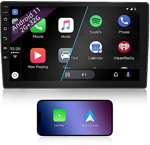 2 DIN Autoradio, 10 Zoll 1080P HD Touchscreen Car Radio mit Bluetooth, Android Autoradio mit Navi, Wireless CarPlay & Wireless Android Auto, FM Radio, Mirrorlink, WiFi, 2 USB Anschlüsse, 2G+32G