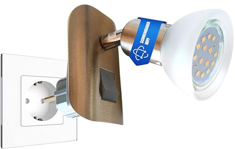 Trango LED Steckerleuchte 11-042 im Edelstahl-Look mit Glas-Lampenschirm, Stecker-Nachtlicht inkl. 1x GU10 LED Leuchtmittel 3000K warmweiß & Ein-/Aus-Schalter Leselampe, Küchenlampe