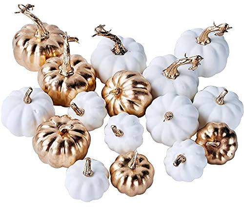Miaikoe 16 Pcs Verschiedene Herbst Künstliche Kürbisse Ernte Weiß Faux und Gold Überzug für Halloween Thanksgiving Dekoration Anzeigen