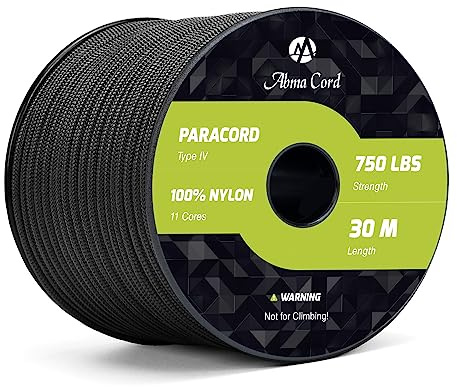 Abma Cord 750lb Paracorde 4mm 30M Corde en 100% Nylon Type IV 11 Brins Qualité Militaire Paracorde - Max. 340kg - Noir