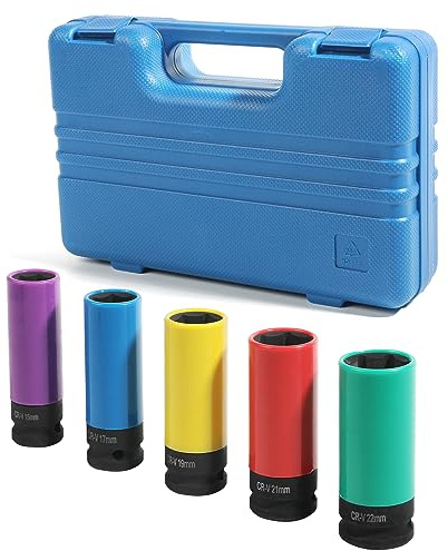 Zlirfy 5 st 1/2 tum hylsnyckel mutteruttag set, kör djup slaguttag, biltillbehör 15 17 19 21 22 mm icke-marmorerande tunn vägghjulskydd mutteruttag, passar för 1/2 tum hylsnyckel