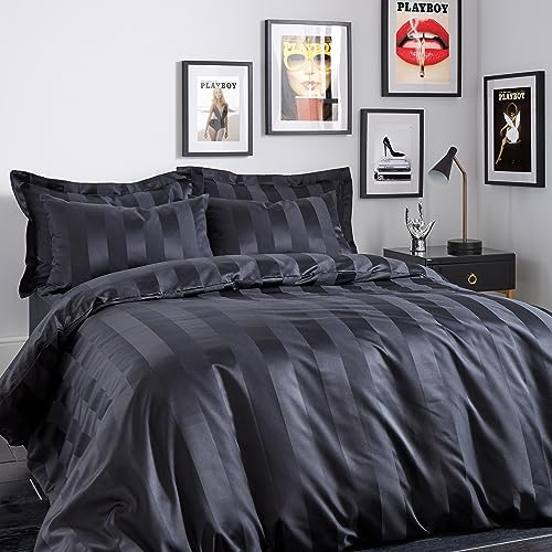 Sassy B Playboy Bedding Soft Satin Stripe Double Duvet Cover Set with Pillowcases Black