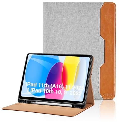 Hülle für iPad 11. Generation (A16) 11 Zoll 2025 / iPad 10. Generation 10, 9 Zoll 2022 Leder Schutzhülle mit Tasche und Stifthalter, Auto Schlaf/Aufwach Funktion Smart Cover mit Stand Funktion -Grau